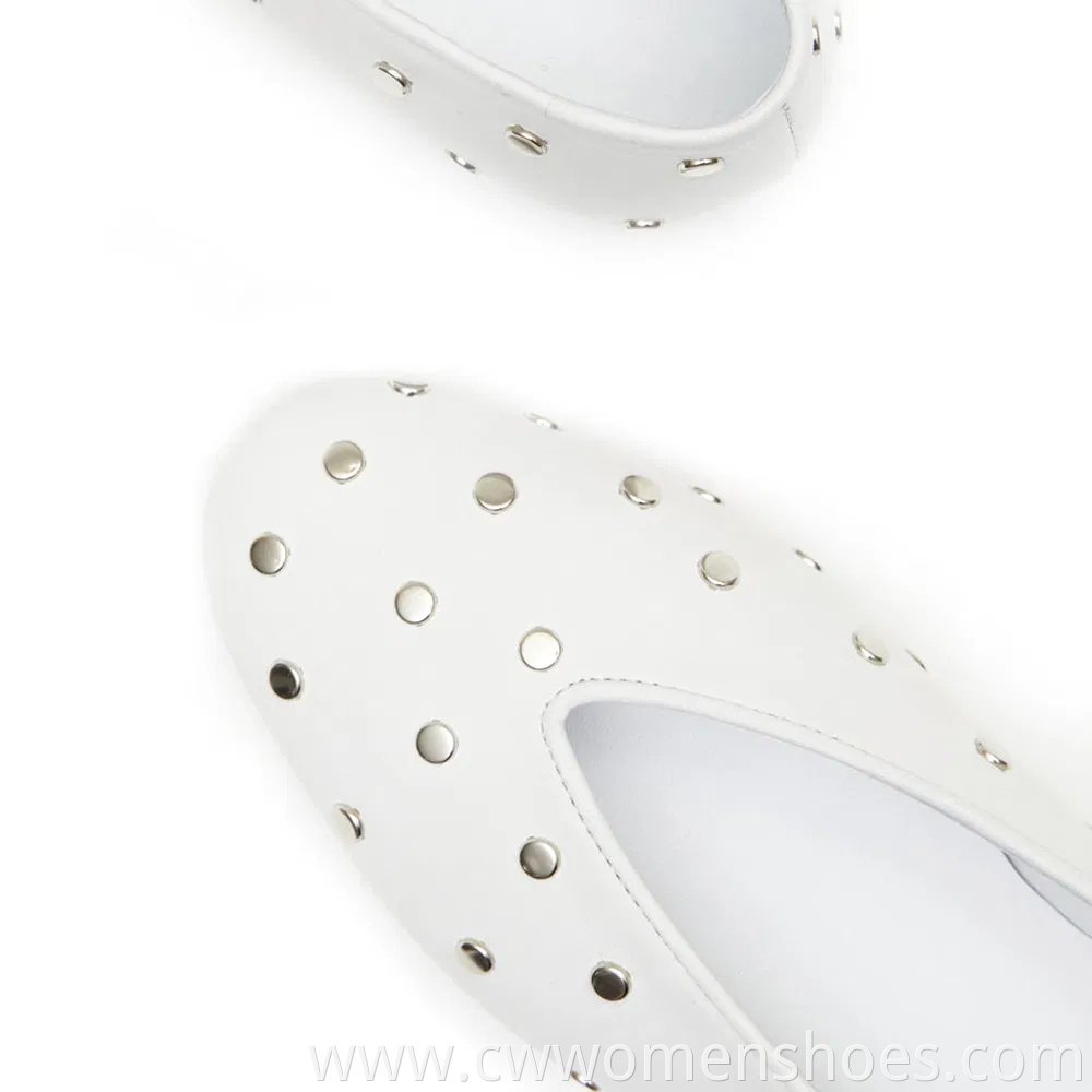 Almond Toe V Cut Studded Women Shoes Ballet Flats Women Calfskin Black White Leather Luxury Hand Made Flat